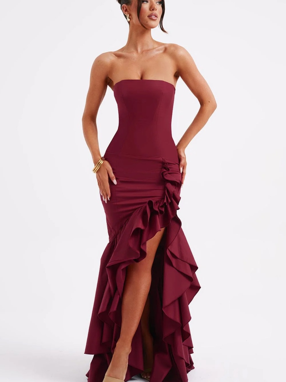 Strapless Burgundy Ruffle High-Low Prom Dress